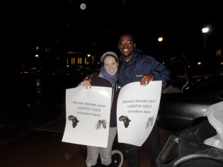 Sustainability coordinator Jen Clinton with Chibby Nwanonyiri (Founder of Kicks for Africa)